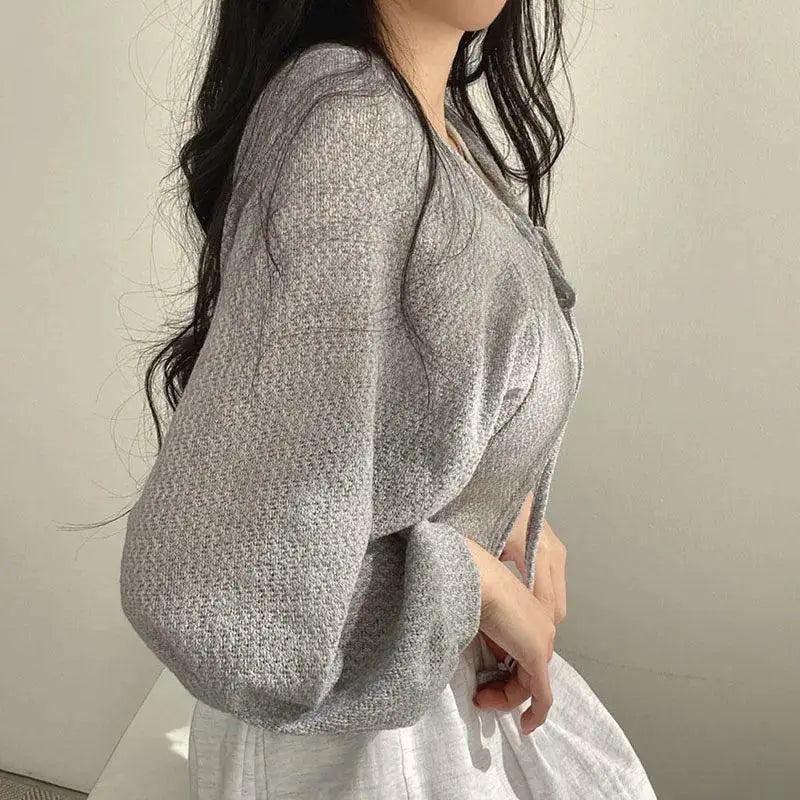 White Lace-Up Lantern Sleeve Cardigan Korean Style Staple