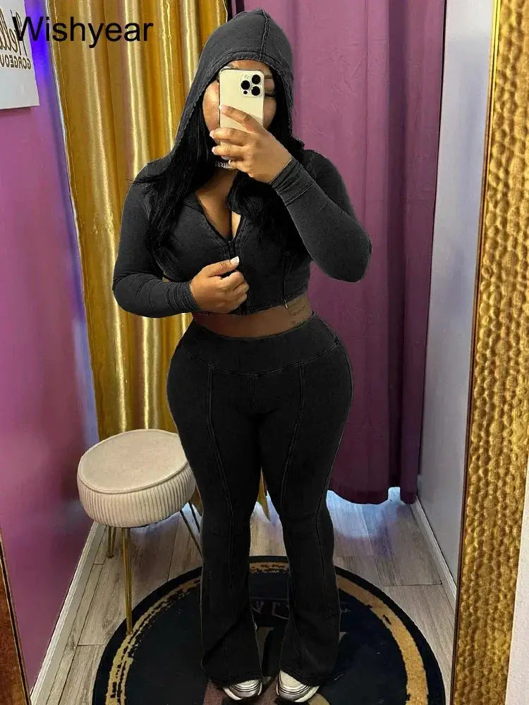 Retro Two Piece Pants Set For Women Sportswear Wash Outfit