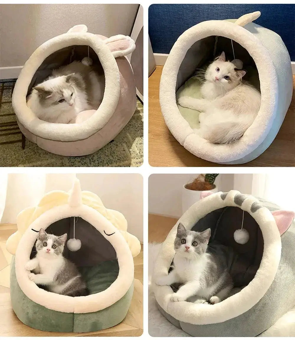Cozy Cartoon Cat Bed With Detachable Cushion And Ears