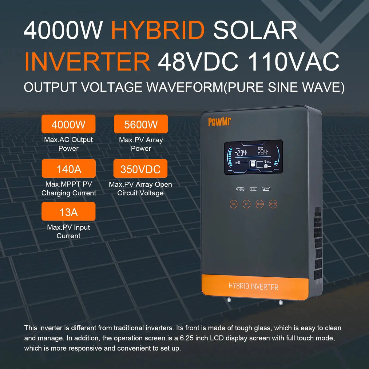 PowMr USA 4000W 24V Hybrid Solar Inverter Charger 100/110/120V AC Pure Sine Wave 140A MPPT Charger Max 5600W PV 55-350V DC Off Grid Inverter for Lead Acid AGM Gel Lithium Battery Home Emergency Solar Power System
