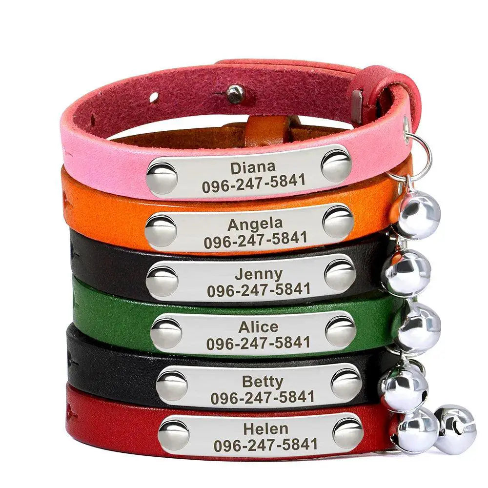 Custom Leather Personalized Cat Collar with Bell Safety