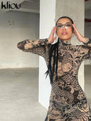 Kliou Mesh Vintage Prints Maxi Dress Women Sheer Long Sleeve Bodycon Party Dress