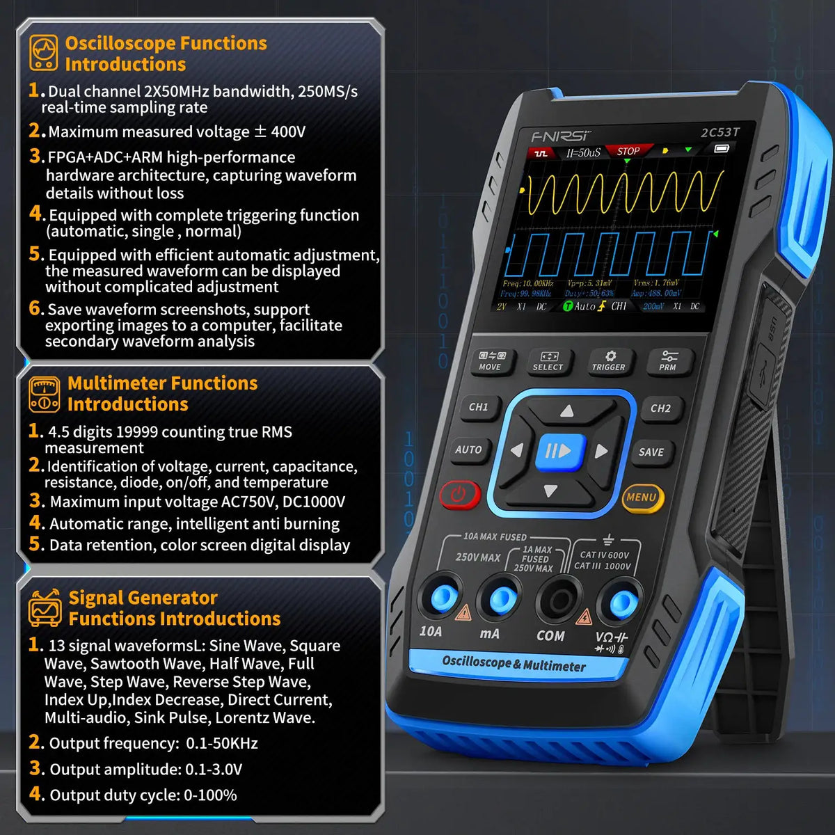 FNIRSI 2C23T 2C53T Upgrade 50MHz Handheld Digital Oscilloscope Multimeter Signal Generator 3 in 1 Dual Channel Automotive Tools