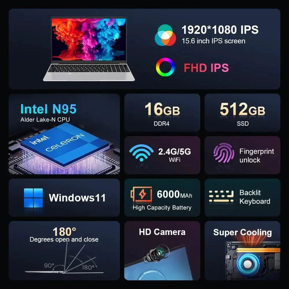 Ninkear N15 Air Laptop 15.6 Inch FHD IPS Intel N95 16GB SSD