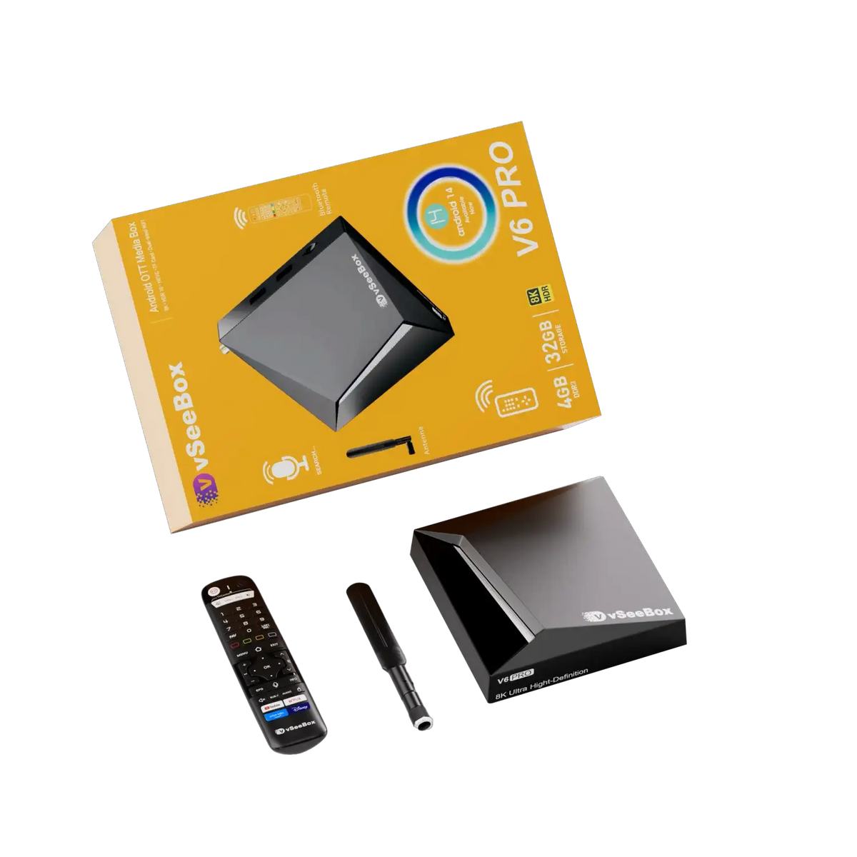 2026 Vseebox V6 Pro Android 14 TV Box 8K HDR 4GB RAM 32GB Storage with WiFi 6 and Gigabit LAN Upgraded from V5 Pro