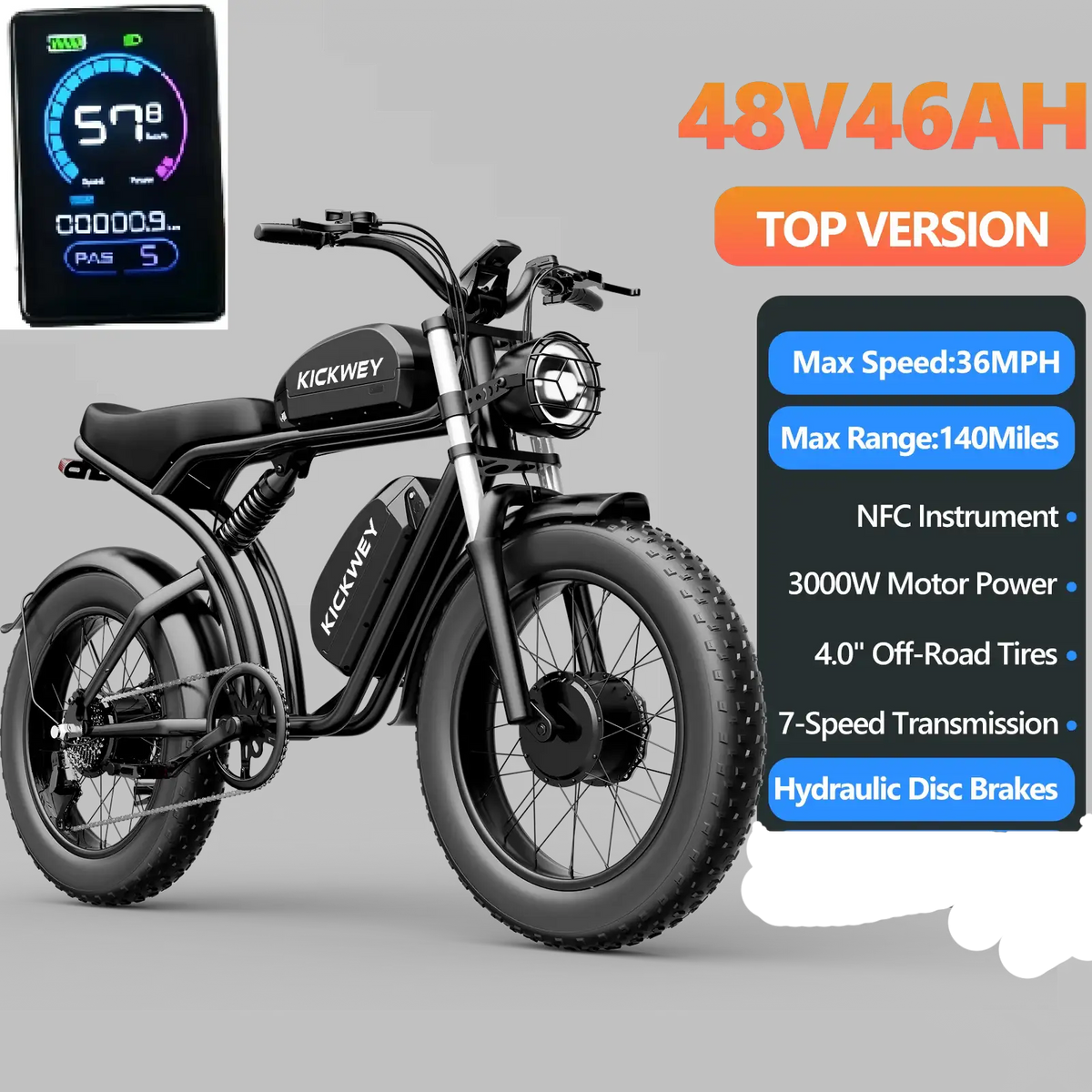 Kickwey 2026 Hot Sale New Arrival K7 3000W Adult Off-Road Mountain Electric Bicycle with NFC Display 48V 46Ah Removable Large Capacity Battery High Speed Long Range 20"×4.0" Fat Tire 1-Year Warranty Ships From US Fast Shippi