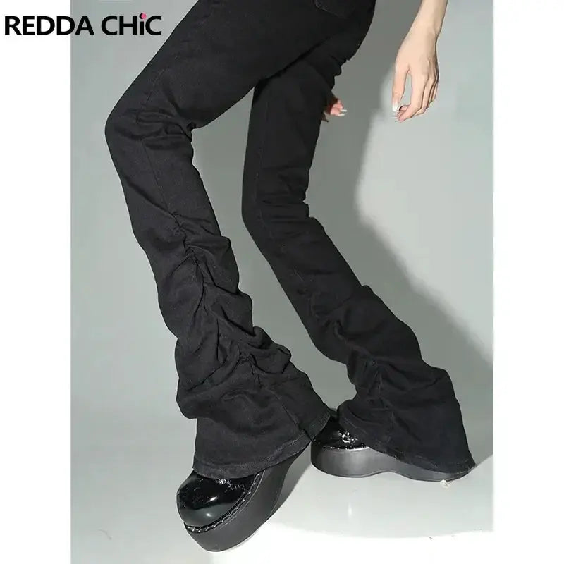 REDDACHiC Black Ruched Flare Jeans High Rise For Women