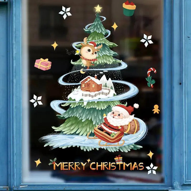 Cheerful Santa And Xmas Tree Window Decals For Holiday Decor