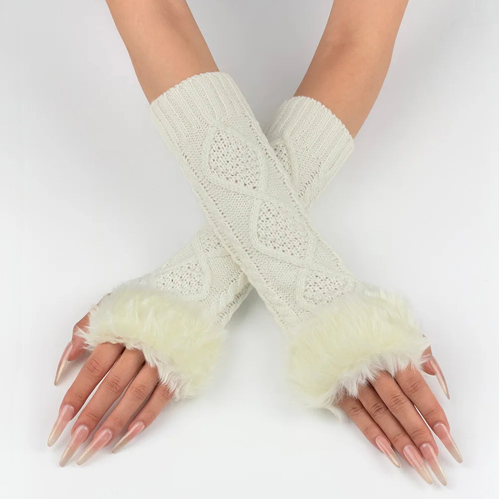 Faux Fur Trim Fingerless Mitts
