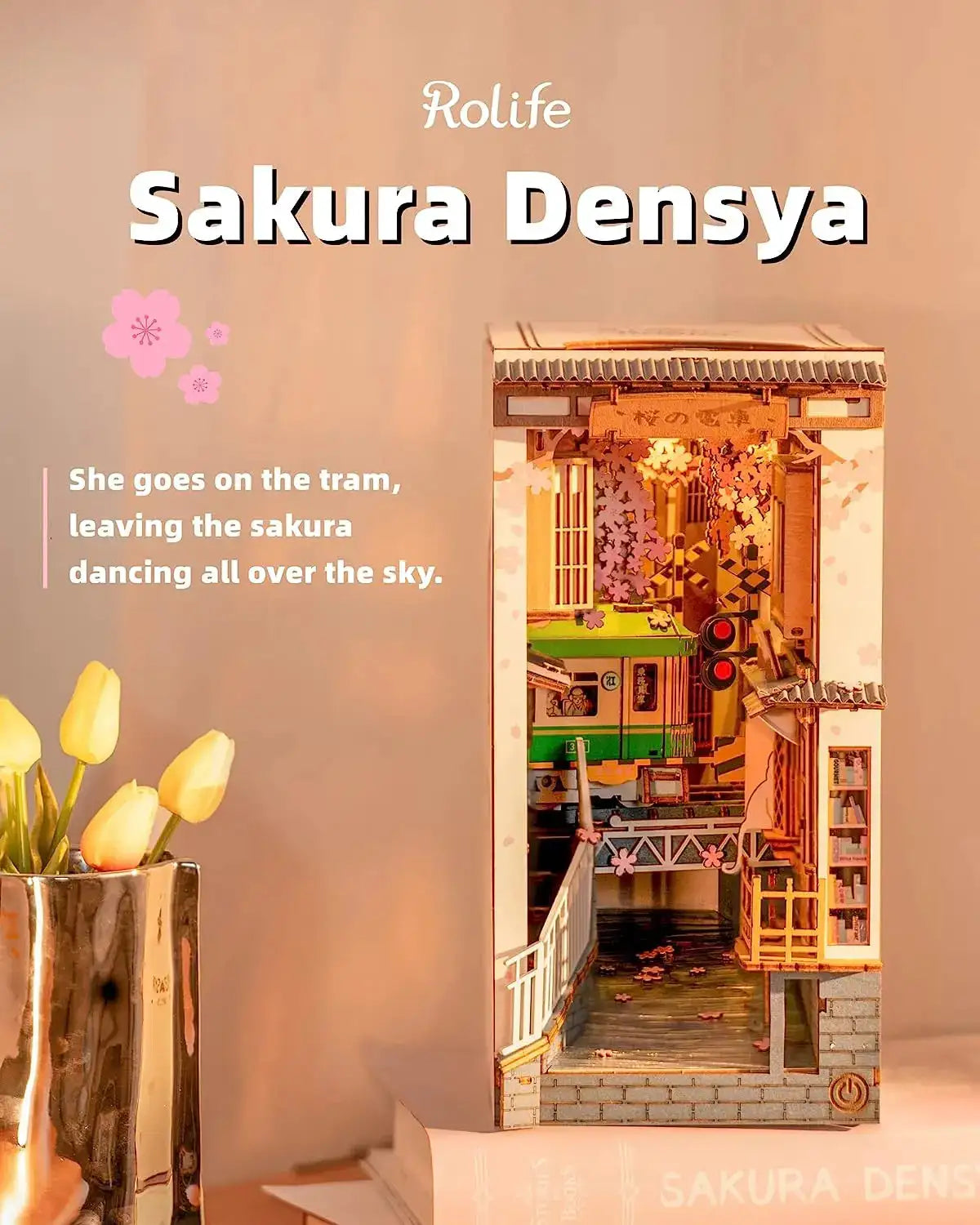Robotime Sakura Densya Japan Book Nook Kit Glue-Free DIY Miniature House Model Kits 3D Wooden Puzzle Dust Cover Bookshelf Decoration Gift