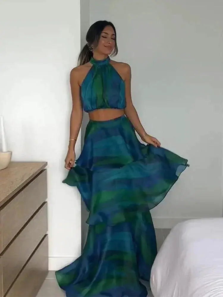 Bohemian Patchwork Ruffle Halter Dress For Summer Chic