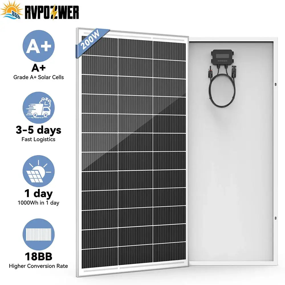 RVPOZWER 200W/400W/800W Rigid Solar Panels 18BB N-Type Mono Cells High Efficiency PV Power for Home RV Charge Outdoor Off-Grid