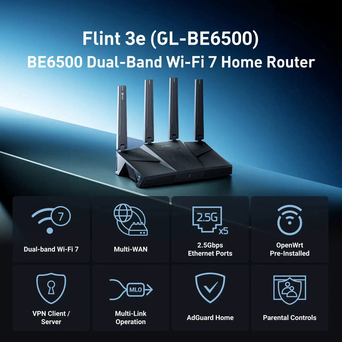 GL.iNet GL-BE6500 (Flint 3e) Dual-band WiFi 7 Home Router for Gaming Wireless Internet Router 5× 2.5G Ports Robust VPN Capabilities,Parental Controls, USB3.0 Qualcomm Quad-core 1.5 GHz, Supports ADGuard Home,OpenVPN,WireGuar
