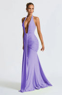 Mozision Deep V Neck Draped Maxi Dresses for Women Halter Backless Club Elegance