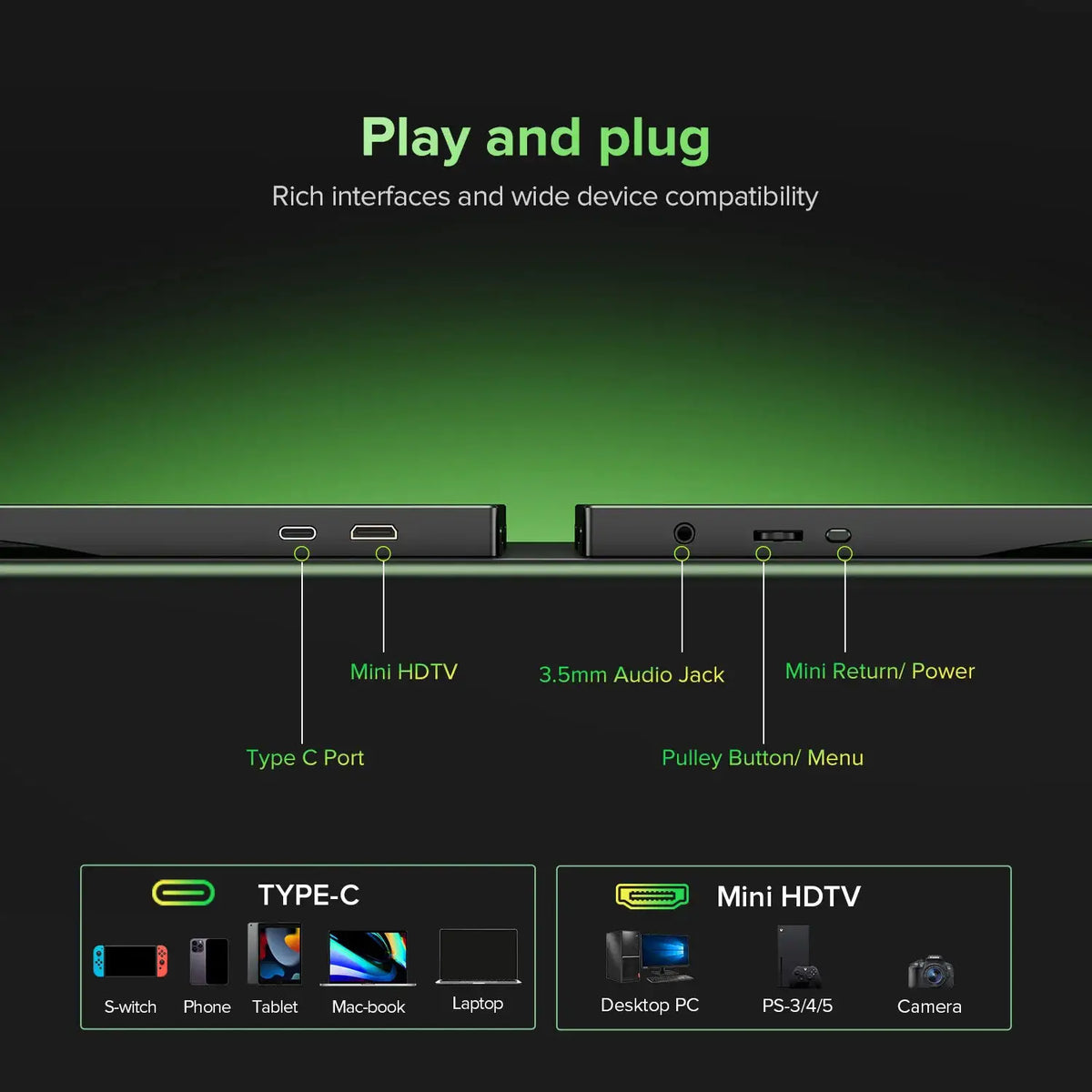 UPERFECT 15.6“ LCD Monitor Portable Ultrathin 1080P IPS FHD USB Type C Dispaly For Laptop Phone XBOX Switch PS5 Gaming Screen