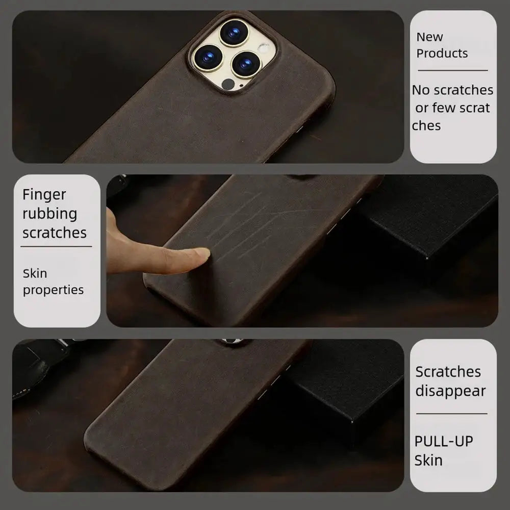for Magsafe Case for iPhone 15 16 17 18 Pro Max Air Retro Luxury Full Grain Cowhide Genuine Oiled PULL-UP Leather Magnetic Cover