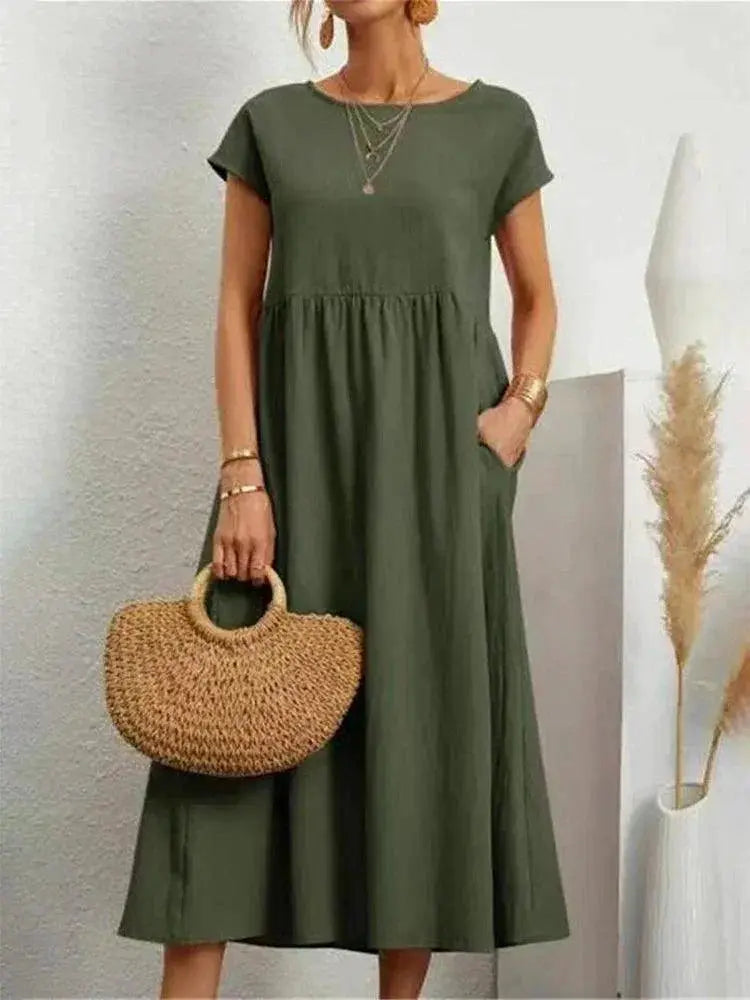 Vintage Solid Midi Dress Retro Boho Chic Cotton Linen Summer