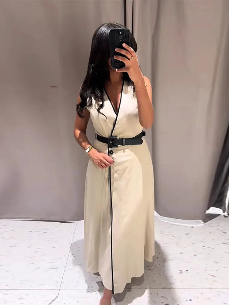Y2K Patchwork V-neck Midi Dress With Belt Women Elegant Sleeveless Evening Party Tank Dress Summer Vacation Chic Beach Vestidos