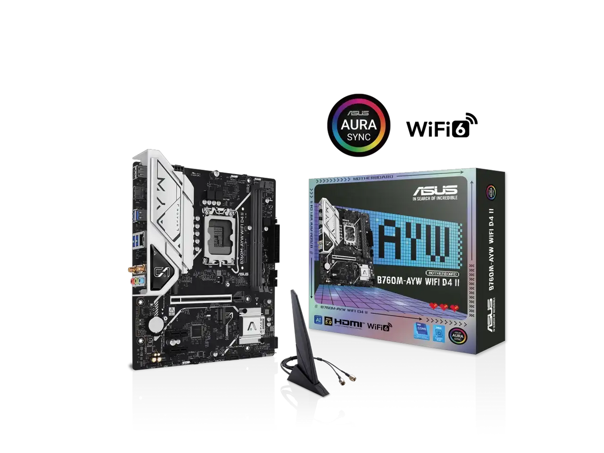 ASUS B760M-AYW WIFI D4 II Intel B760 (LGA 1700) microATX mATX motherboard, PCIe 5.0 x16 Support, two M.2 slots, DDR4, Realtek 2.5Gb Ethernet, Wi-Fi 6, HDMI, SATA 6 Gbps, front USB 5Gbps, Aura Sync
