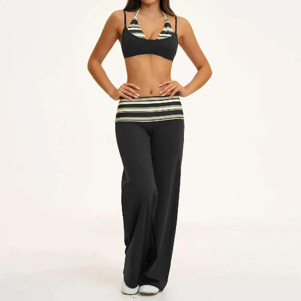 2PCS Stripes Fitness Suit Women's Tracksuits Polka Dot High Waist Workout Capri Pants Sports Set Female Yoga Sports Clothes