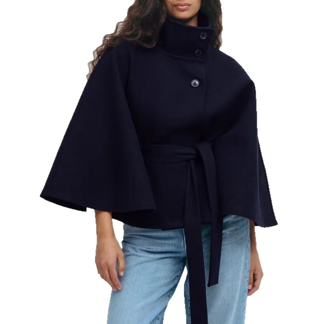 Belted Stand Collar Cape Coat
