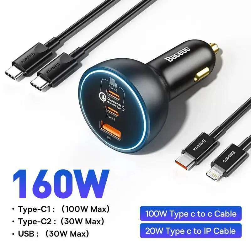 Baseus Car Charger for iPhone and Laptop — 160W 3 Port