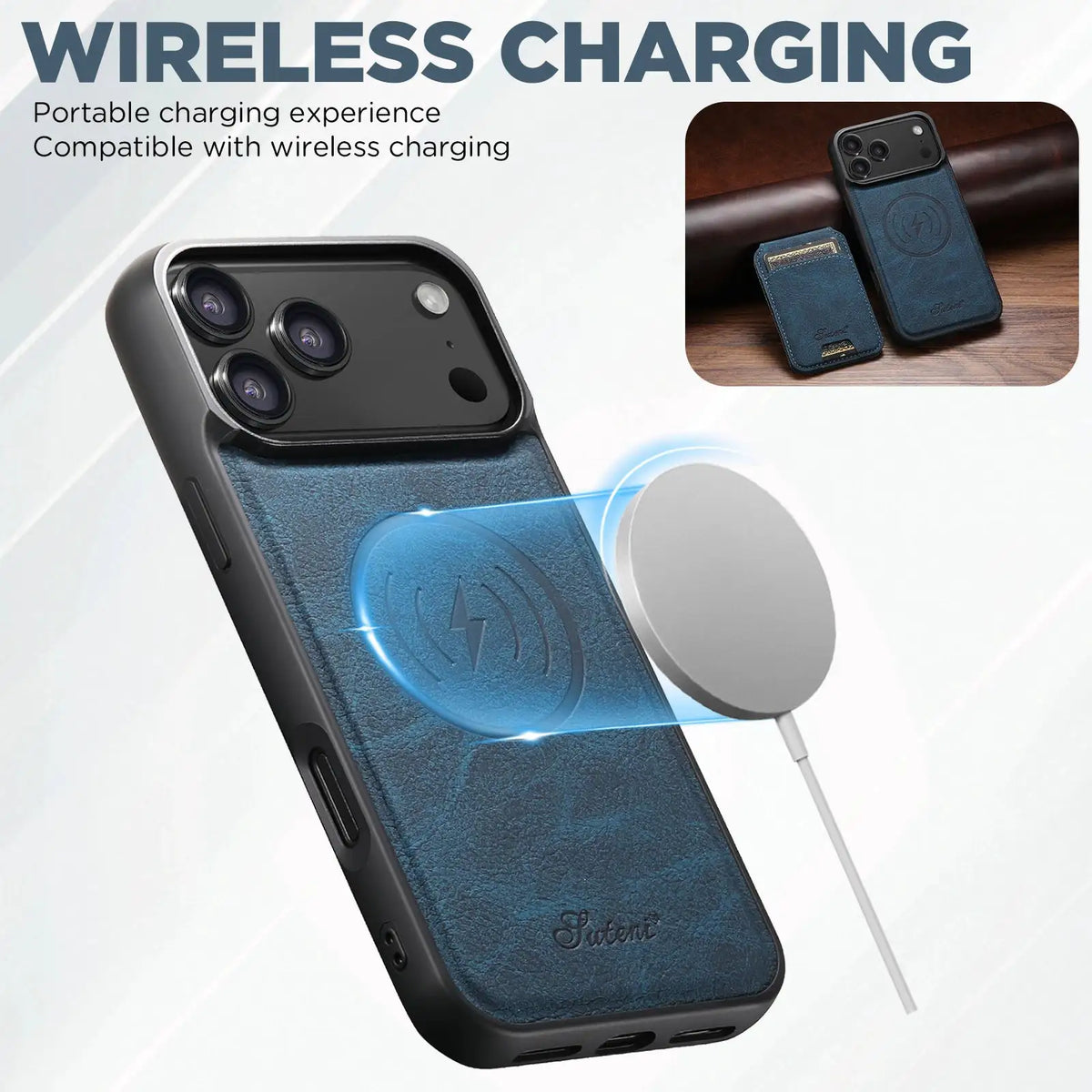 SUTENI Wireless Charging Phone Case Magnet Card Holder Stand Faux Leather For iPhone 18 Pro Max 17 Air 16 Plus 15 14 13 12