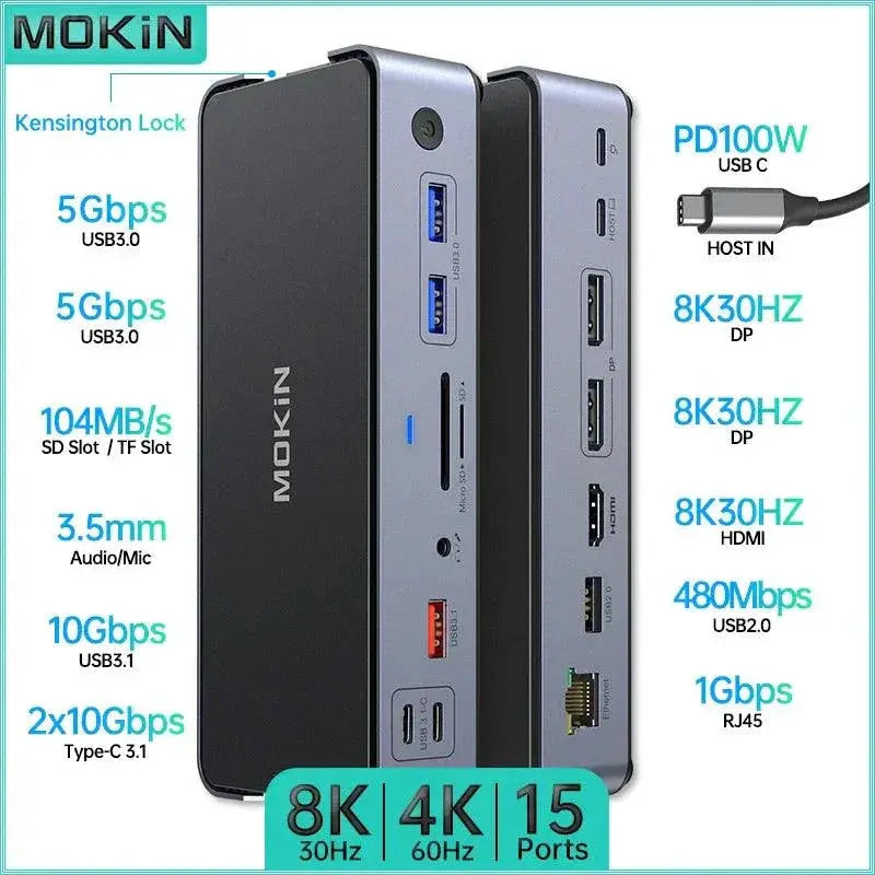 Fifteen In One USB C Docking Station HDMI DP USB Hub