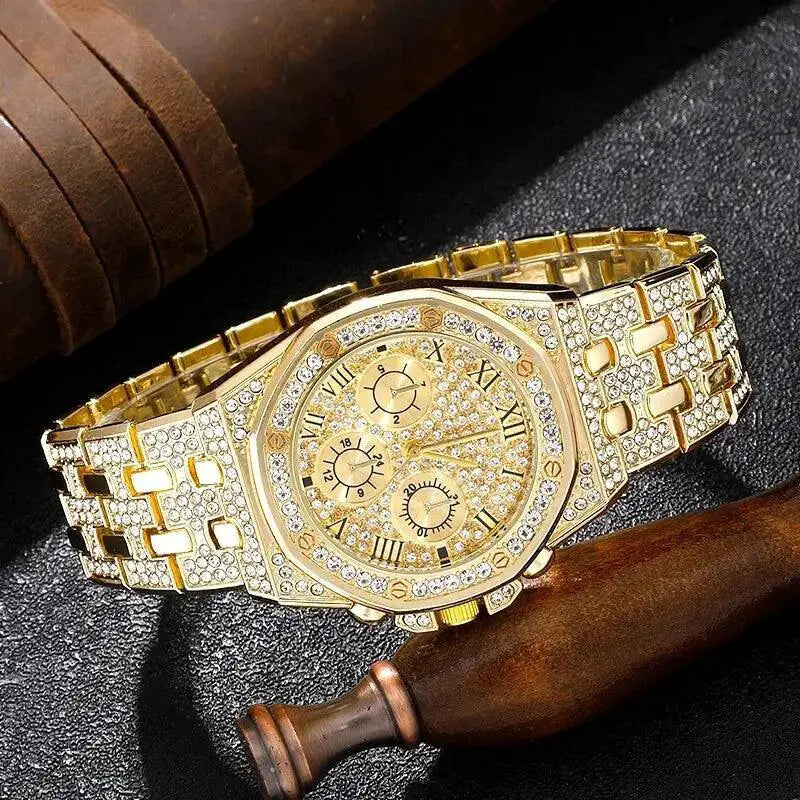 Golden Diamond Dial Mens Watch Quartz Timepiece Elegant