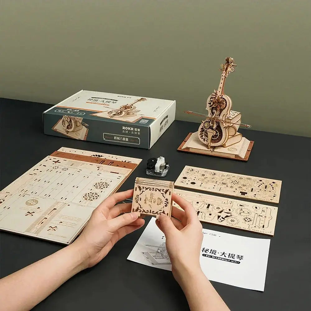 Robotime 3D Wooden Puzzle ROKR Funny Magic Cello Mechanical Music Instrument Creative Toys for Child AMK63