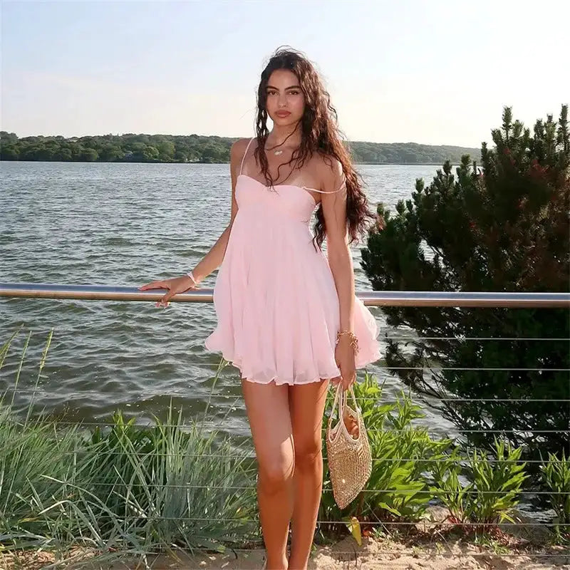 Sexy Chiffon Strapless Backless A Line Dress Women Spaghetti Strap Bodycon Mini Summer Party Dress For Date Night Occasions