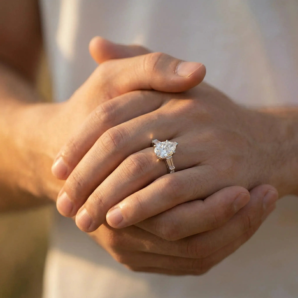 Pear Moissanite Ring in Sterling Silver Baguette — product view 4