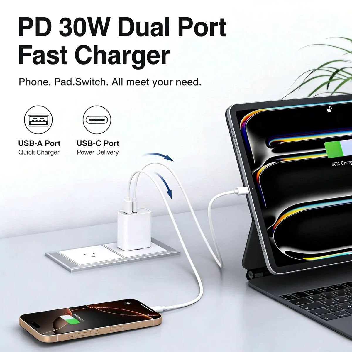 30W PD 3.0 Fast Charger EU Plug Dual Ports USB-A USB-C Wall Charger Power Adapter for iPhone iPad Samsung Galaxy Mobile Phone