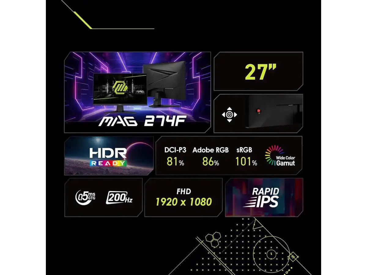 MSI 27" Full HD 200Hz IPS with Adaptive-Sync 0.5ms HDR Ready Ai Vision Gaming Computer Monitor MAG274F