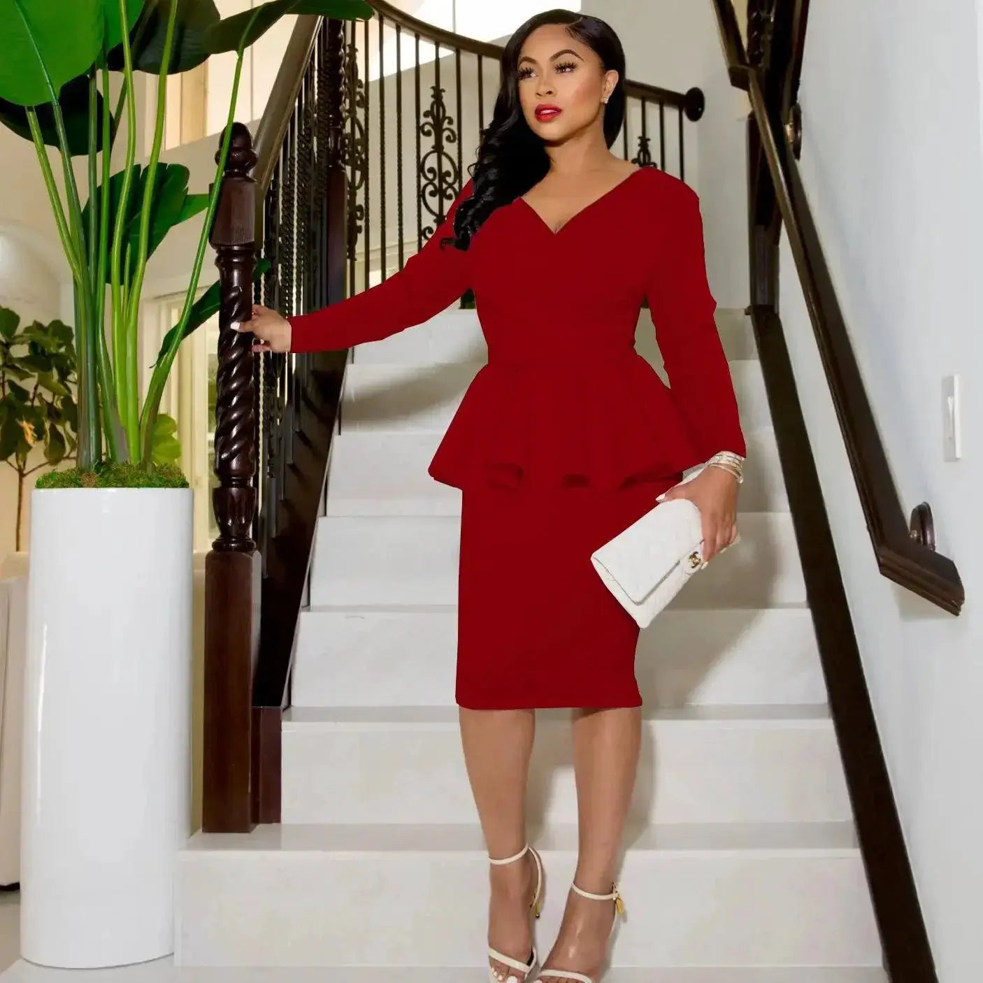 Sophisticated V-Neck Peplum Dress For Autumn Office Attire