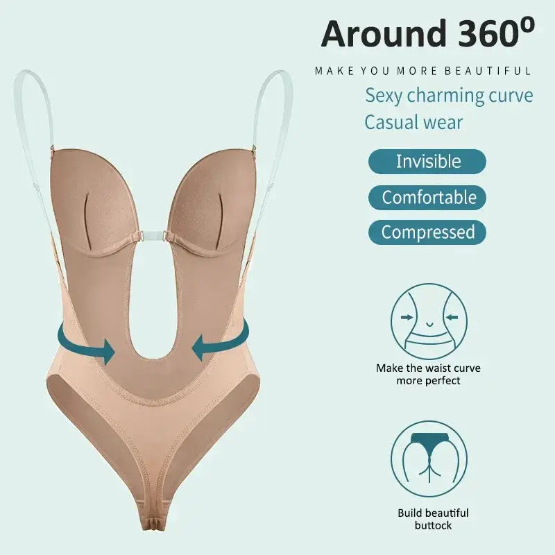 Backless Deep V Neck Thong Bodysuit Shapewear Invisible Bra