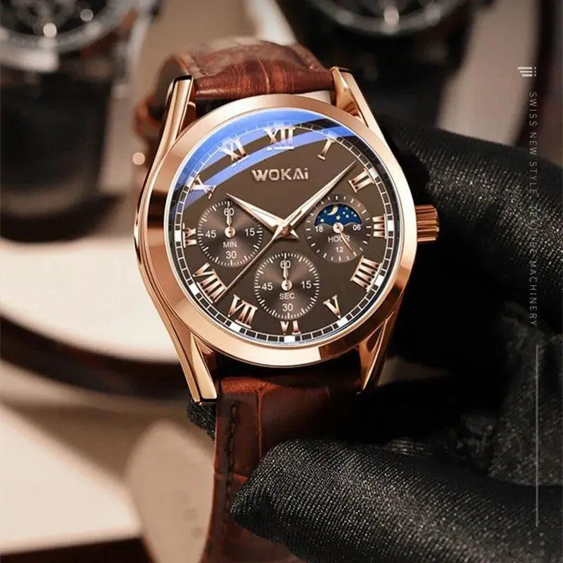 Mens Leather Chronograph Sports Watch Stylish Waterproof
