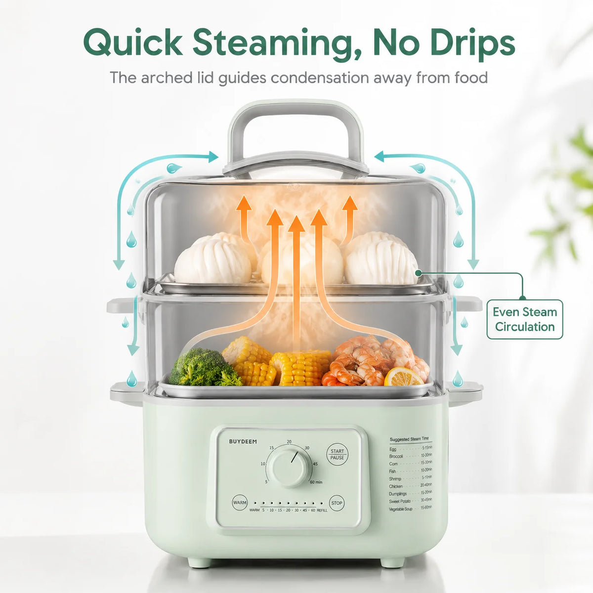 BUYDEEM Quart Electric Food Steamer, Stainless Steel Vegetable — product view 2