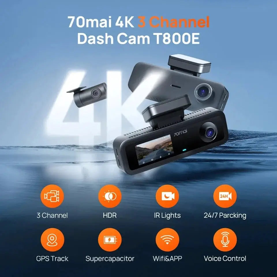 70mai T800e 3 Channel Dash Cam 4K Front 1080p Rear And Interior HDR GPS WiFi 6 - stepyours.com
