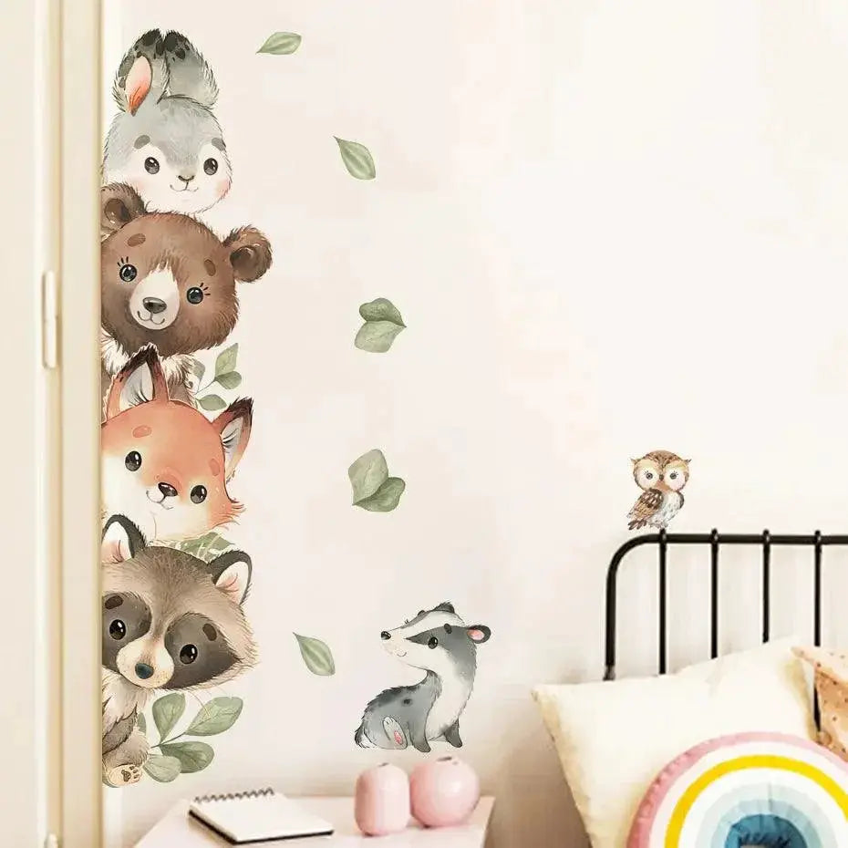 Forest Animals Cartoon Door Sticker Watercolor Decor Kids