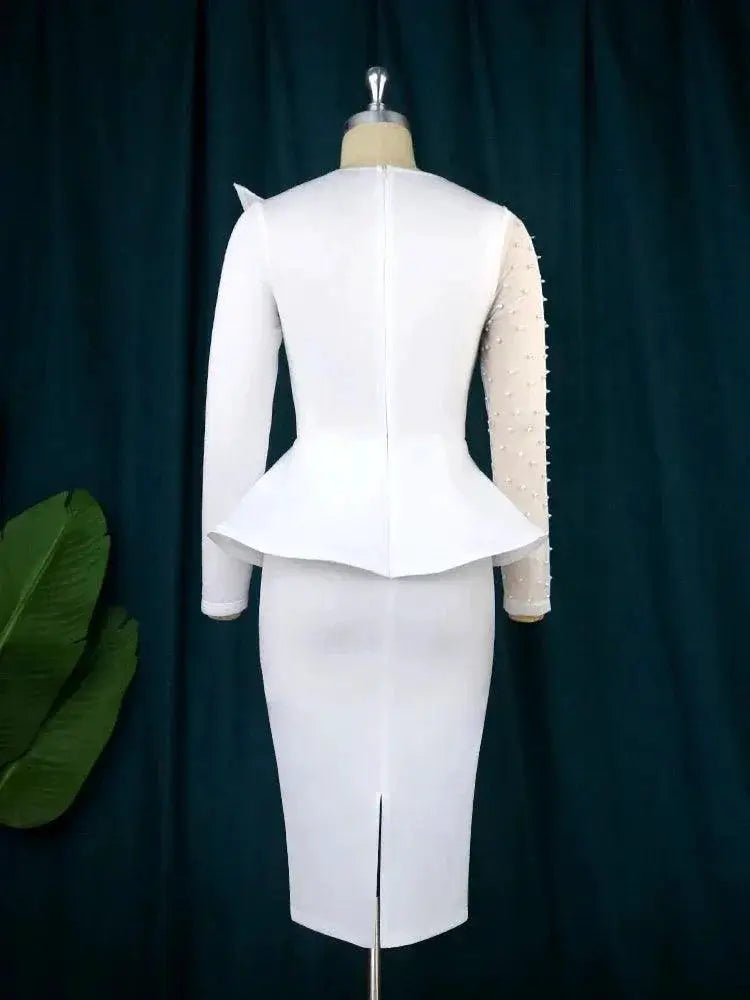 Elegant White Mesh Peplum Party Dress With Beading Gown