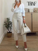 Vintage High Waist Zipper Pencil Pants Classic Women's Trousers