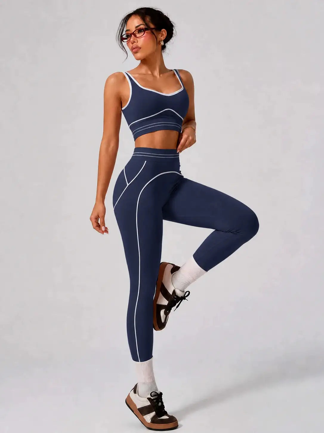 Contrast Trim Activewear Set Women Crop Tank Top High Rise Tummy Control Leggings Two Piece Sport Fitness Outfit