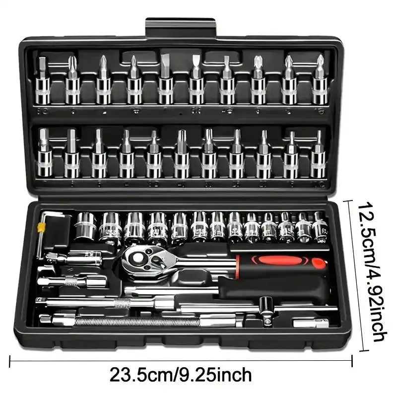 AIRAJ 46Pcs 1/4" Drive Socket Wrench Set, Ratchet Screwdriver & Bit Kit, Carbon Steel, Bestseller Auto Repair Hand Tool Set