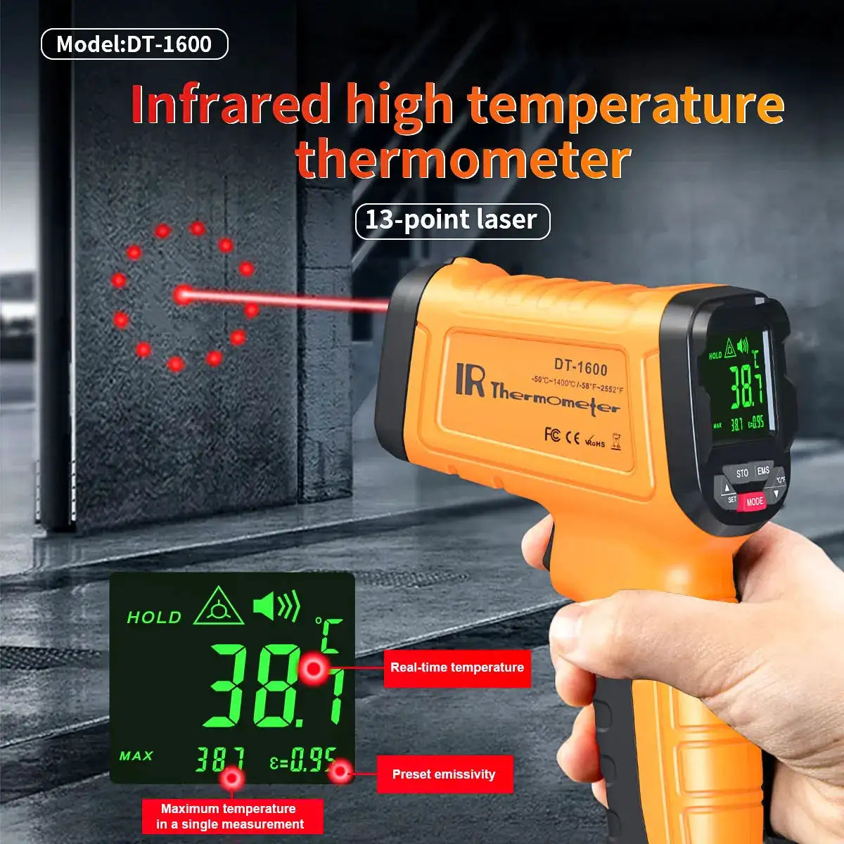 1pc Infrared Thermometer High Temp Thermometer Pyrometer Non Contact Digital Dual Laser Pointers Flashlight IR Temperature Gun