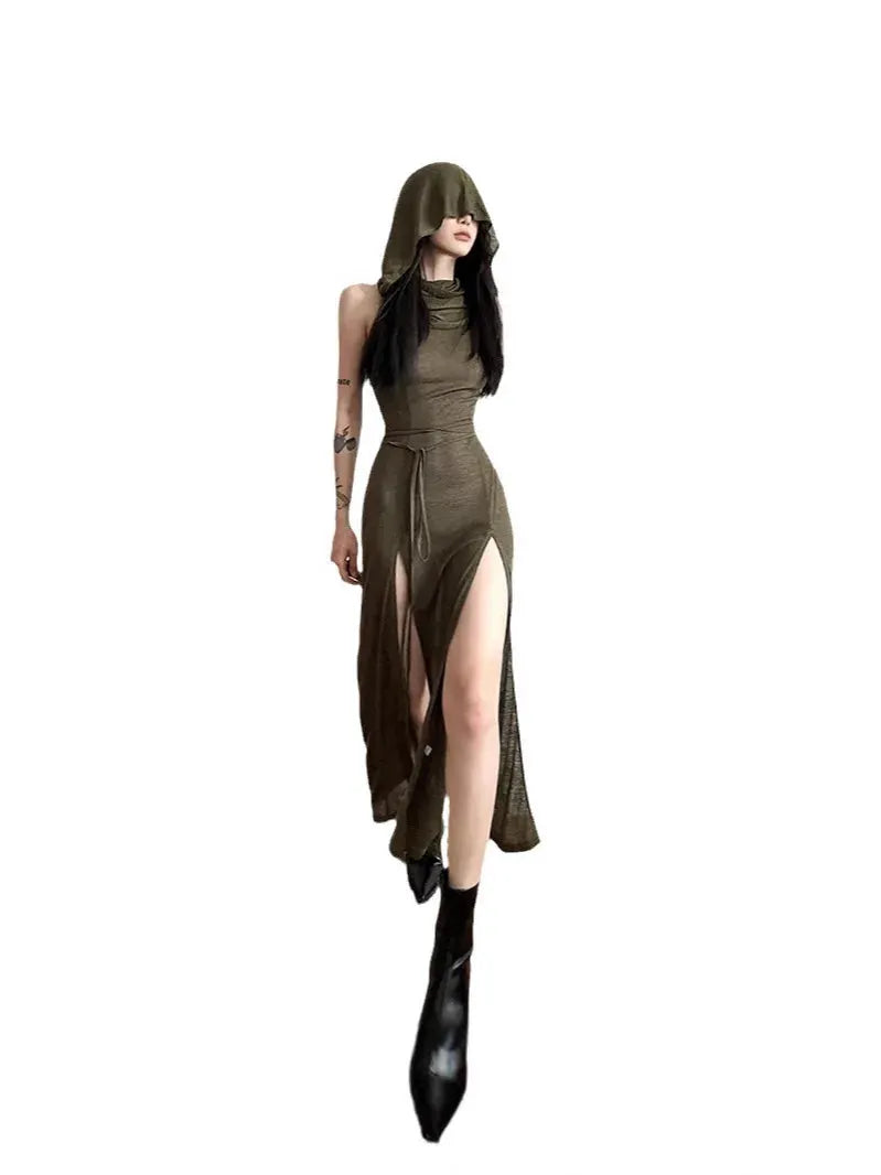 y2k Dress Women Clothes Solid Color Sleeveless Hollow Out Back Slit Hooded Dress 2000s Halloween Party Dresses