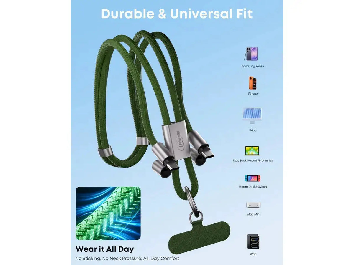 Newegg NEC11 2-in-1 Phone Lanyard Charger Cable, Adjustable Crossbody Neck Phone Strap Anti-Drop Hands-Free Phone Lanyard, 60W USB-C to USB-C Fast Charging Cord 4.92FT, Universal for iPhone Samsung