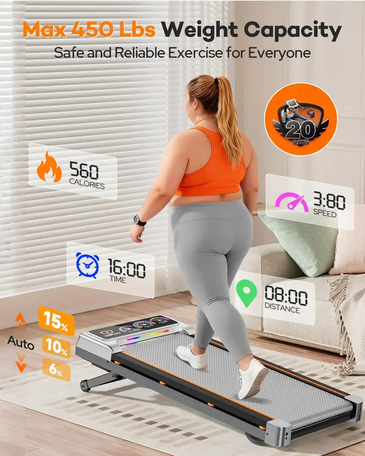 3.5HP Foldable Under-Desk Walking Pad Treadmill, 12-Level Adjustable Incline Up To 15%, UI Control Screen, Bluetooth Speaker, RGB Light, Max 450-LB Load, Remote Control