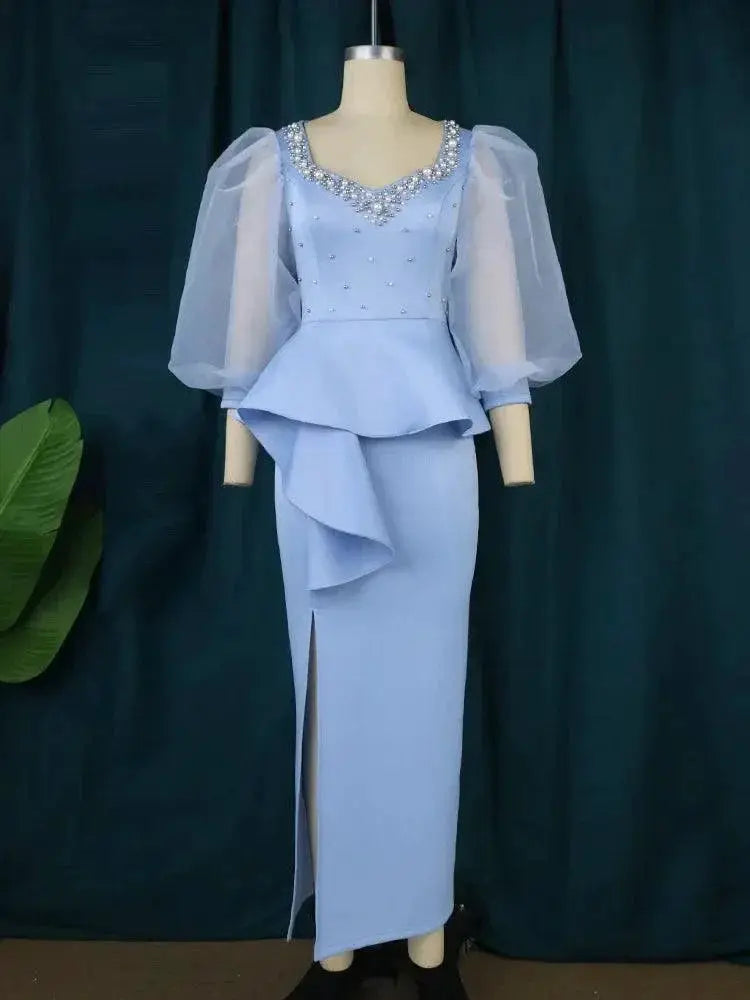 Blue Beaded Lantern Sleeve Peplum Dress Nightwear Elegance