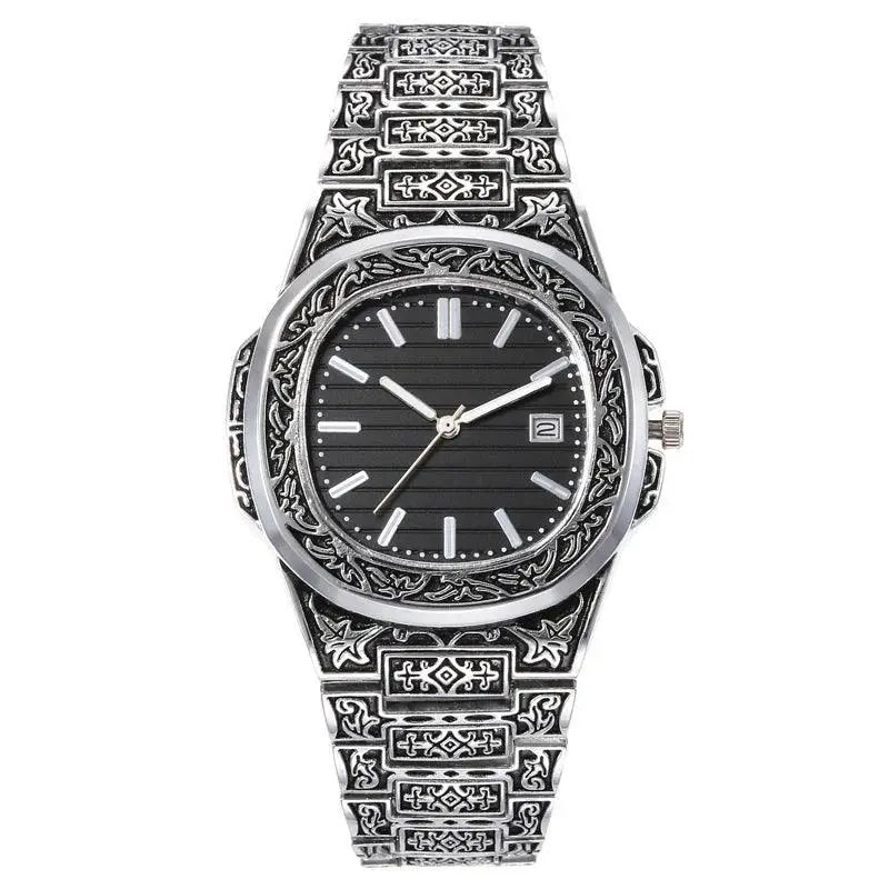 Vintage Floral Carved Mens Quartz Watch Timeless Timepiece